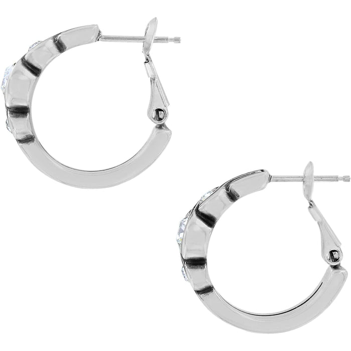 Brighton hoop earrings with silver-tone finish and crystal accents shown from two angles on a white background