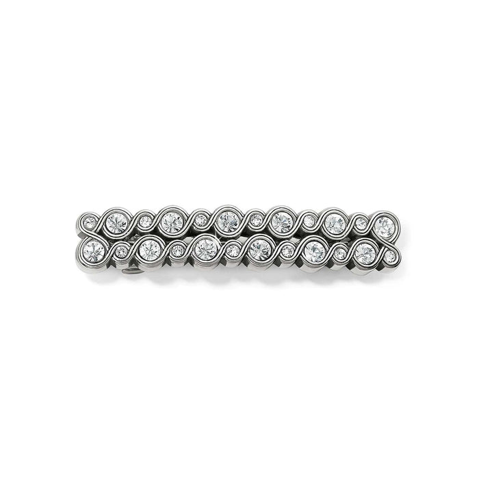 Brighton silver-plated hair barrette with two rows of crystal accents and scrollwork detailing on a white background