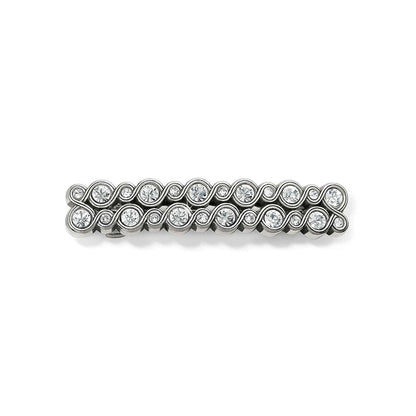 Brighton silver-plated hair barrette with two rows of crystal accents and scrollwork detailing on a white background