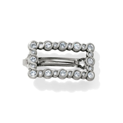 Brighton silver-plated hair barrette with rectangular open design and round crystal accents on a white background