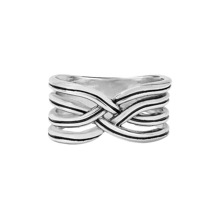 Brighton ring with silver-plated interwoven crossover bands and oxidized detailing on a white background