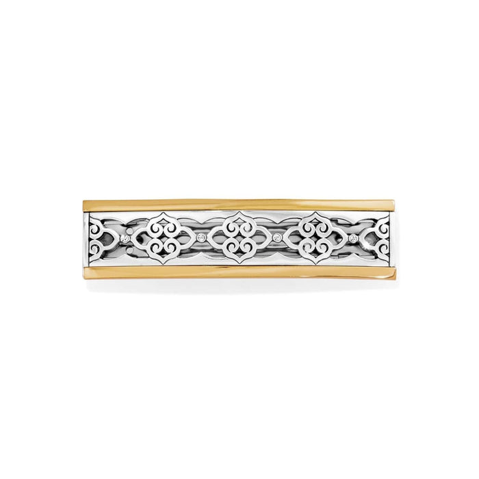 Brighton hinged bangle bracelet with two-tone finish, silver scrollwork filigree, and crystal accents on a white background