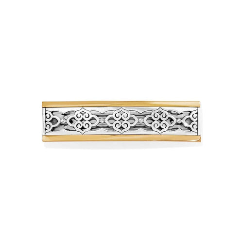 Brighton hinged bangle bracelet with two-tone finish, silver scrollwork filigree, and crystal accents on a white background