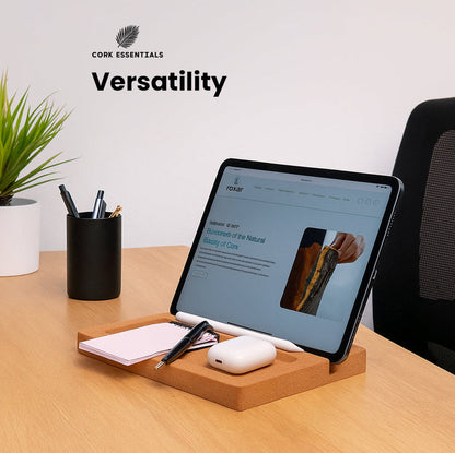 Tablet on a wooden stand with office supplies on a desk, featuring Cork Essentials branding.