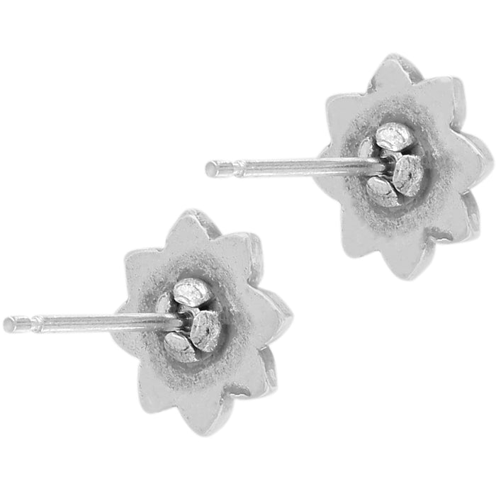 Brighton stud earrings shown from the back with silver-plated flower-shaped backings and posts on a white background