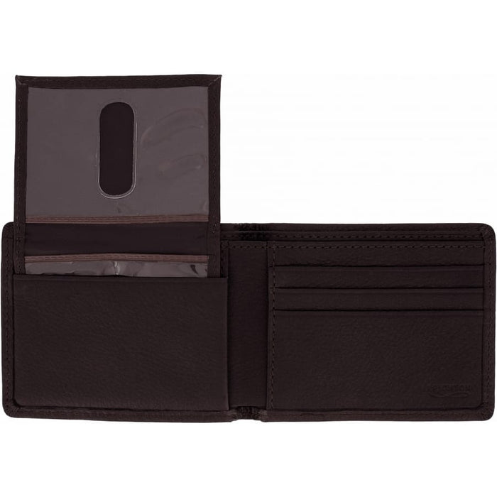 Brighton bifold wallet shown open with dark brown leather interior, clear ID window, and card slots on a white background