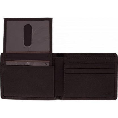 Brighton bifold wallet shown open with dark brown leather interior, clear ID window, and card slots on a white background