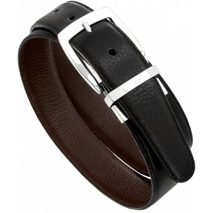 Brighton reversible leather belt with black and brown sides and silver-tone rectangular buckle on a white background