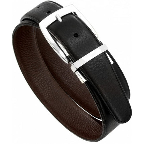 Brighton reversible leather belt with black and brown sides and silver-tone rectangular buckle on a white background