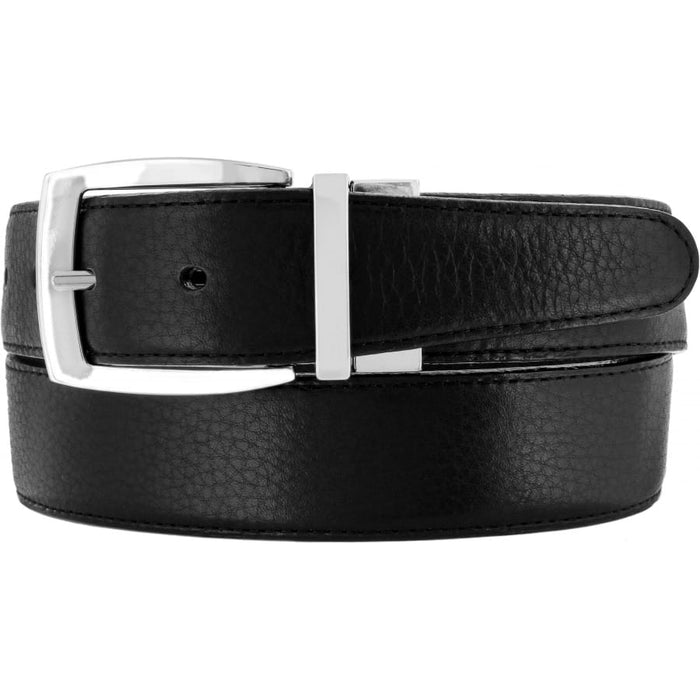 Brighton black leather belt with pebbled texture and silver-tone rectangular buckle on a white background