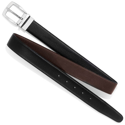 Brighton reversible leather belt with silver-tone buckle, showing black and brown sides on a white background