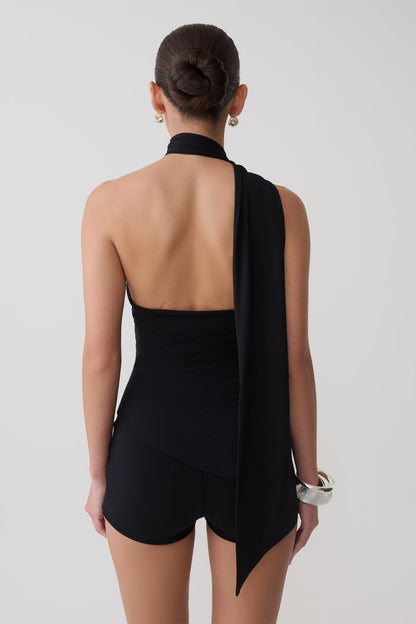 Jemma One Shoulder Tie Top - Black