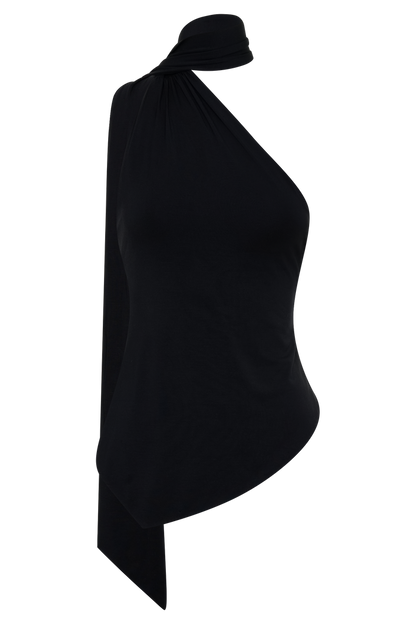 Jemma One Shoulder Tie Top - Black