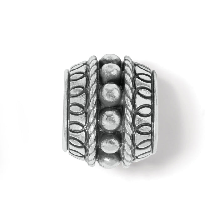 Brighton silver-plated charm bead with beaded center row and rope-textured side patterns on a white background