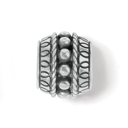 Brighton silver-plated charm bead with beaded center row and rope-textured side patterns on a white background
