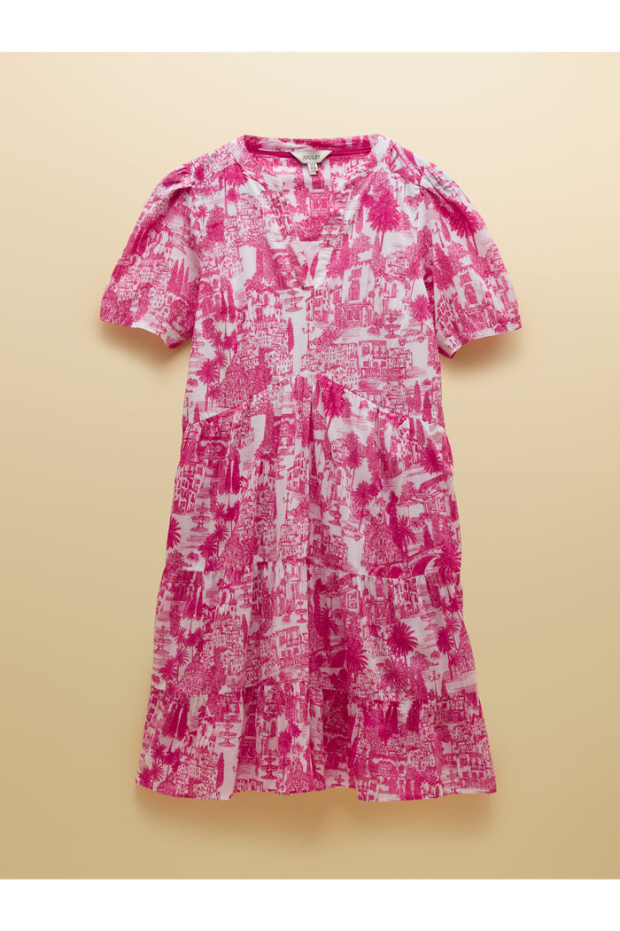 Joules H63479 Ariella Pink Toile Tiered Dress with short puff sleeves and V-neck in a vibrant pink toile pattern by Joules. Shop Joules at Dotique.