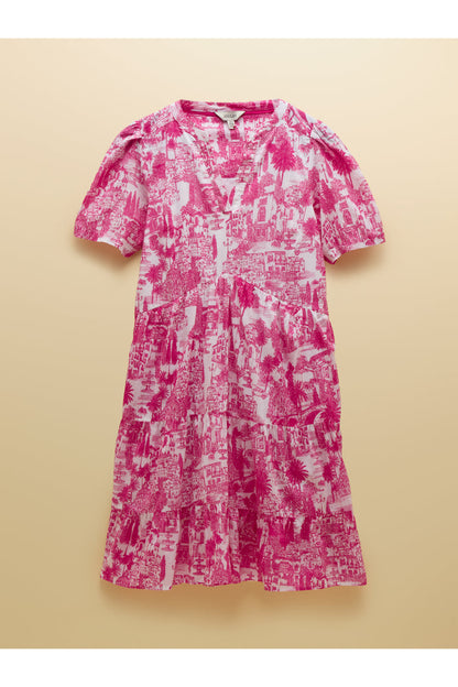 Joules H63479 Ariella Pink Toile Tiered Dress with short puff sleeves and V-neck in a vibrant pink toile pattern by Joules. Shop Joules at Dotique.