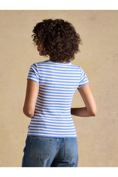 Joules H77966 Sophie Ribbed T-Shirt – Blue Stripe worn by woman, shop Joules collections at Dotique online store.