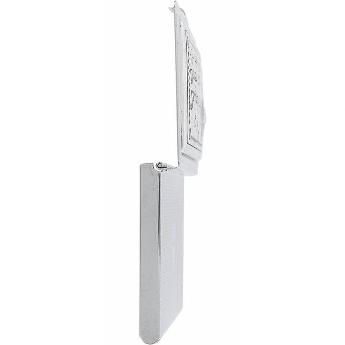 Brighton compact case shown open from the side with silver-tone textured finish and hinged lid on a white background