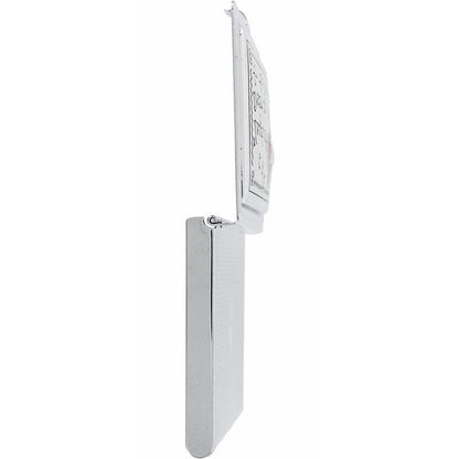 Brighton compact case shown open from the side with silver-tone textured finish and hinged lid on a white background