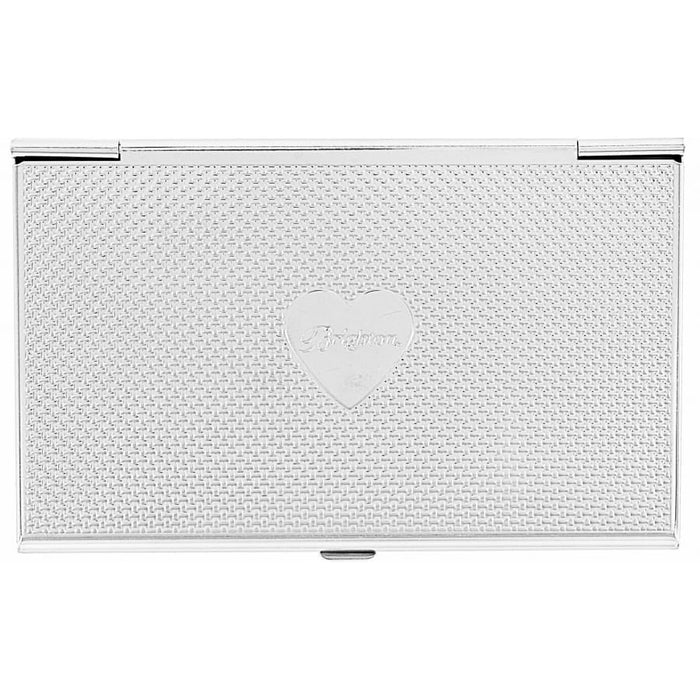 Brighton silver-tone business card case with woven basketweave texture and engraved heart emblem on a white background
