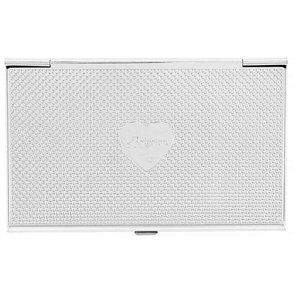 Brighton silver-tone business card case with woven basketweave texture and engraved heart emblem on a white background
