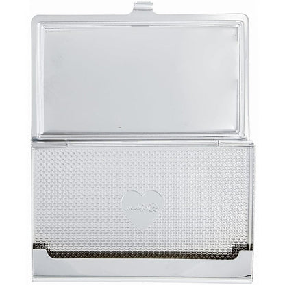 Brighton business card case shown open with silver-tone textured interior and embossed heart emblem on a white background