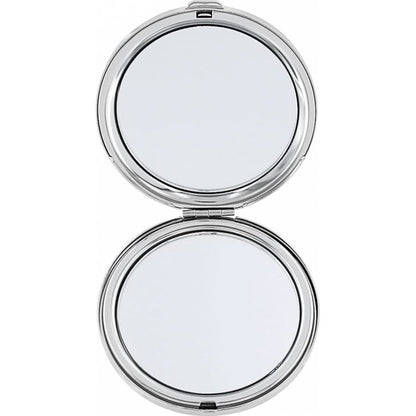 Brighton compact mirror shown open with dual round silver-tone mirrors and hinged clamshell design on a white background