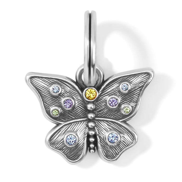 Brighton butterfly charm with silver-plated finish and colorful crystal accents on wings on a white background