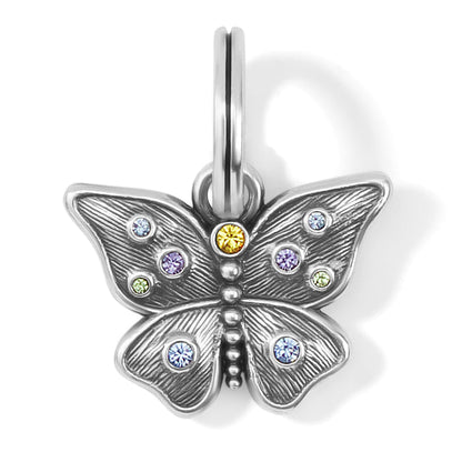 Brighton butterfly charm with silver-plated finish and colorful crystal accents on wings on a white background