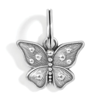 Brighton butterfly charm with silver-plated finish, textured wings, and beaded body detailing on a white background