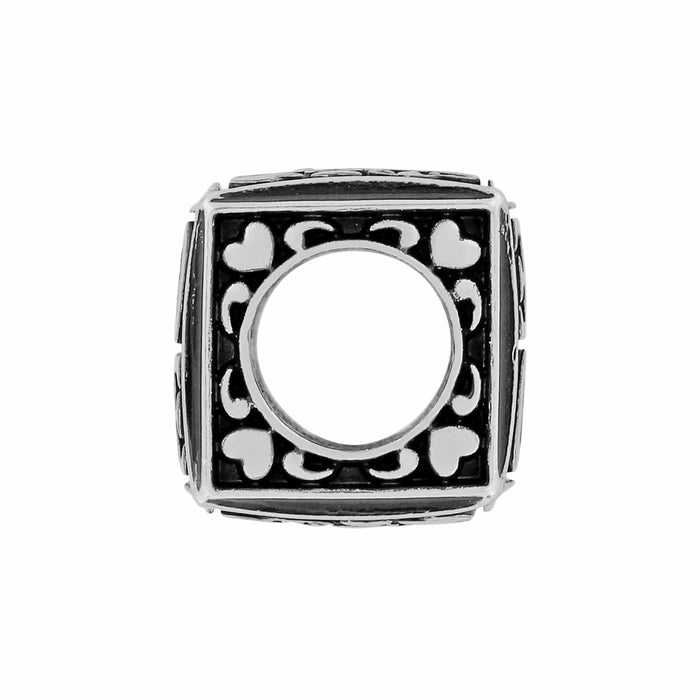Brighton silver-plated square charm bead with heart cutout details and open center on a white background
