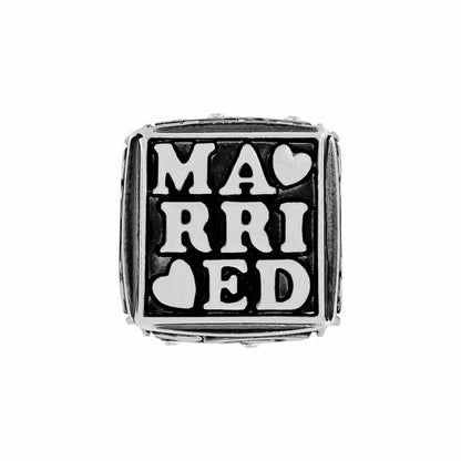 Brighton silver-plated charm bead with square Married lettering and small heart accents on a white background