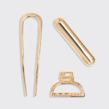 Kitsch Mini Metal French Hair Pin & Clips 3pc Set - Gold