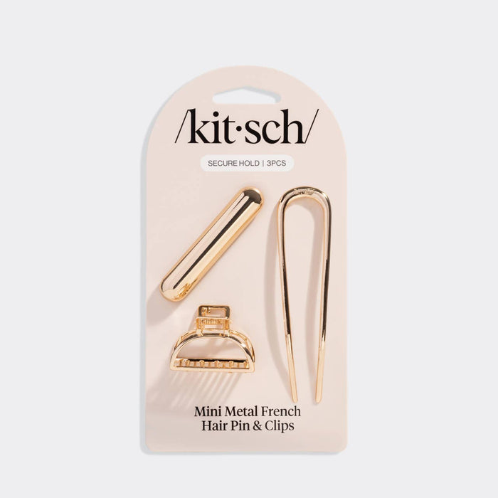 Kitsch Mini Metal French Hair Pin & Clips 3pc Set - Gold