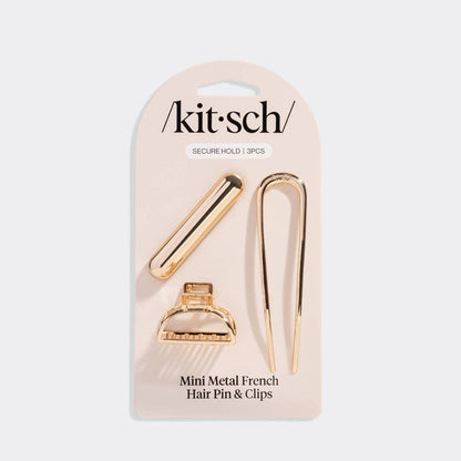 Kitsch Mini Metal French Hair Pin & Clips 3pc Set - Gold