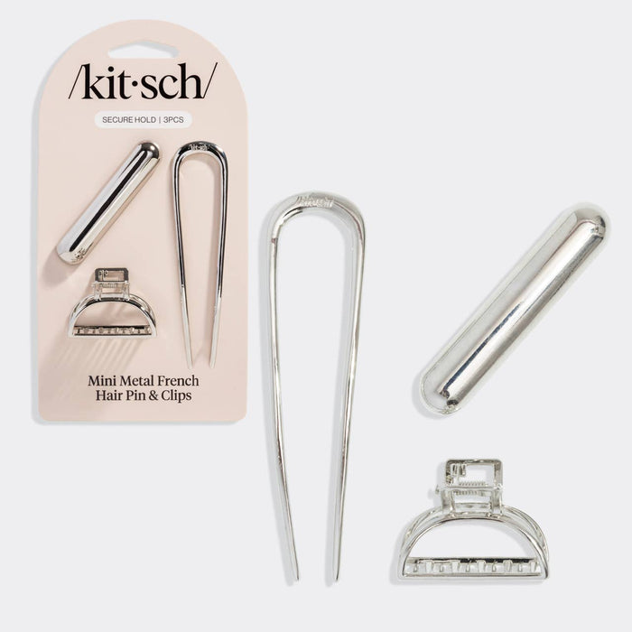 Kitsch Mini Metal French Hair Pin & Clips 3pc Set - Silver