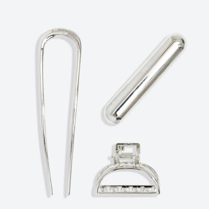 Kitsch Mini Metal French Hair Pin & Clips 3pc Set - Silver