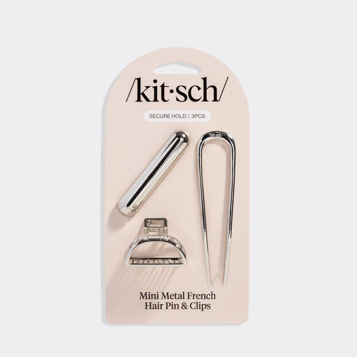 Kitsch Mini Metal French Hair Pin & Clips 3pc Set - Silver