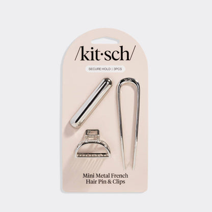 Kitsch Mini Metal French Hair Pin & Clips 3pc Set - Silver