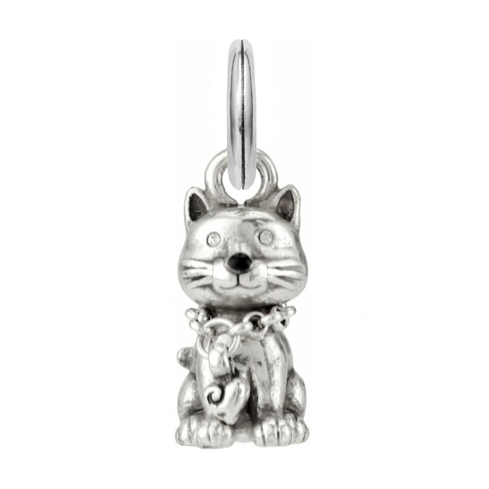 Brighton cat charm with silver-plated finish, whiskers detail, and dangling heart collar on a white background