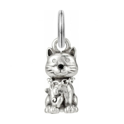 Brighton cat charm with silver-plated finish, whiskers detail, and dangling heart collar on a white background