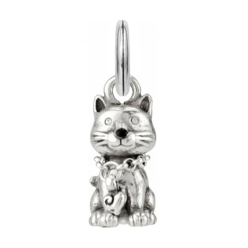 Brighton cat charm with silver-plated finish, whiskers detail, and dangling heart collar on a white background