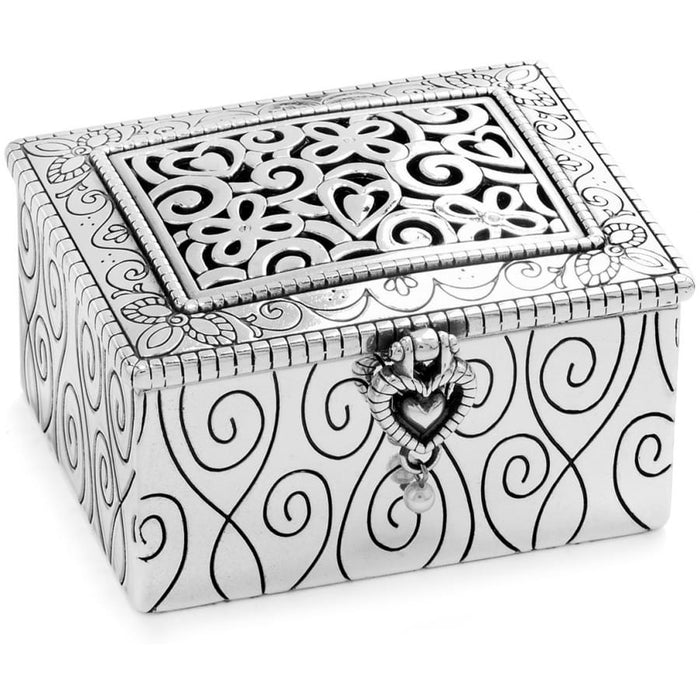 Brighton silver-plated jewelry box with floral cutout lid, scroll engravings, and heart-shaped clasp on a white background