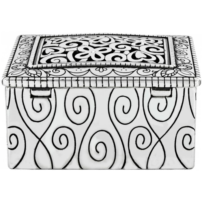 Brighton silver-plated decorative box with ornate scroll patterns and filigree openwork lid design on a white background