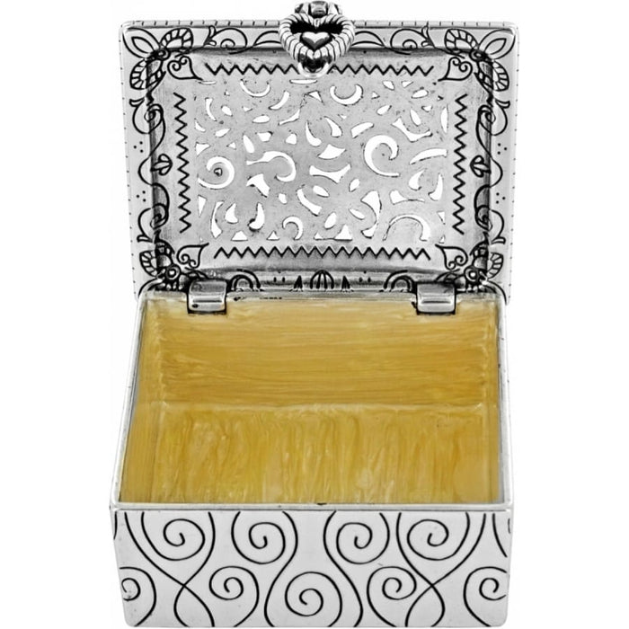 Brighton silver-plated trinket box shown open with scrollwork exterior and ornate cutout lid design on a white background