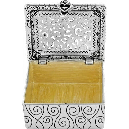 Brighton silver-plated trinket box shown open with scrollwork exterior and ornate cutout lid design on a white background