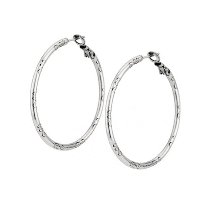Brighton hoop earrings in silver-tone finish with engraved scroll detailing along the bands on a white background
