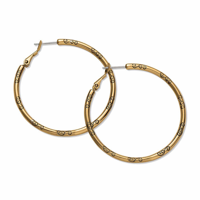 Brighton gold-plated hoop earrings with engraved scroll detail along the band on a white background