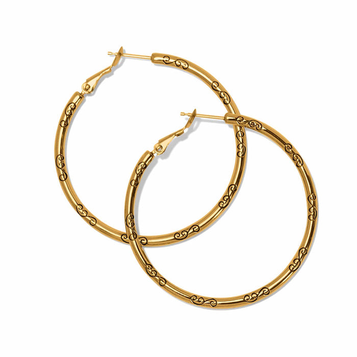 Brighton hoop earrings in gold-plated finish with engraved scroll detailing and hinged closures on a white background